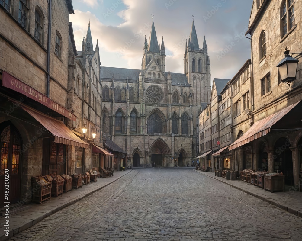 Fototapeta premium Abandoned Medieval Market Square: Stone Shops and Gothic Cathedral at Dusk 