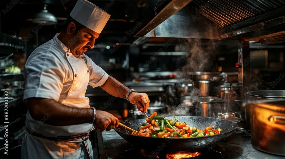 A chef skillfully stir-fries colorful vegetables in a bustling kitchen, surrounded by steam and culinary tools. A chef skillfully stir-fries colorful vegetables in a bustling kitchen, surrounded by steam and culinary tools.