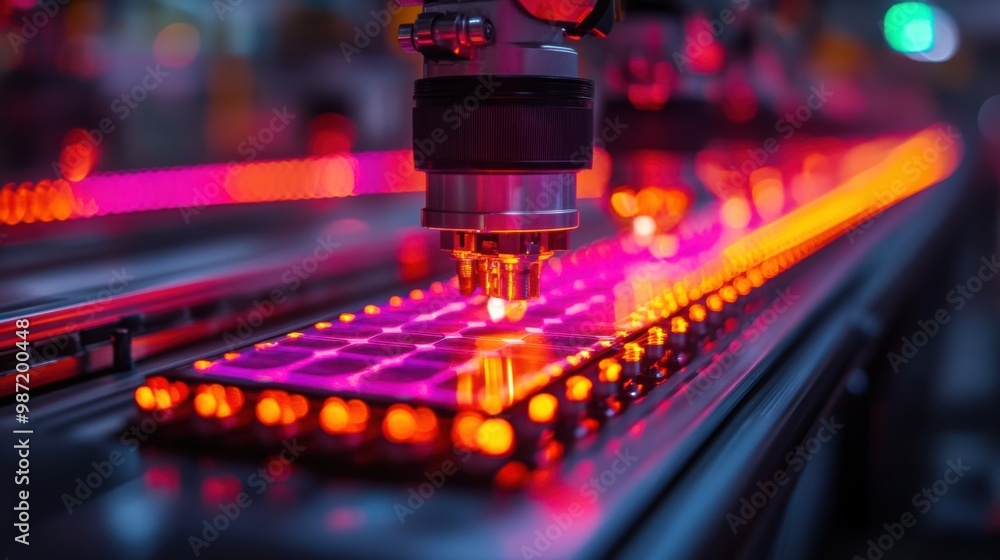 Automated Industrial Production Line with Glowing Lights Automated Industrial Production Line with Glowing Lights
