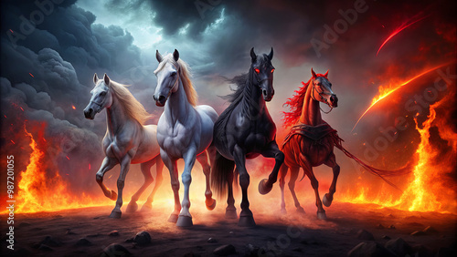 Four majestic horses, one white, one black, and two striking reds, charge through flames and ash, showcasing ferocity and beauty in an apocalyptic setting photo