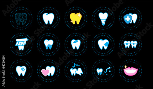 Illustration of various tooth icons. Teeth, root canal, dentures, dental care. set icon teeth. 