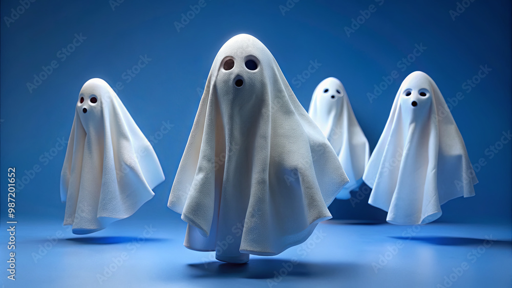 Whimsical ghost figures covered with white sheets drift in a blue setting, creating a playful atmosphere perfect for Halloween festivities and celebrations Whimsical ghost figures covered with white sheets drift in a blue setting, creating a playful atmosphere perfect for Halloween festivities and celebrations