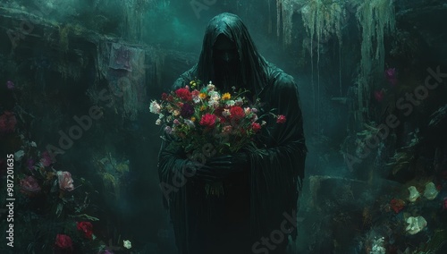 Dark figure holds flowers in misty forest.