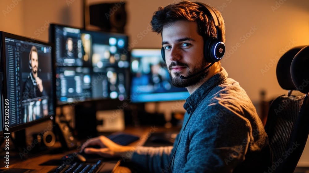 Young man with a headset on, sitting at his desk with multiple monitors, participating in a professional video conference. Young man with a headset on, sitting at his desk with multiple monitors, participating in a professional video conference.