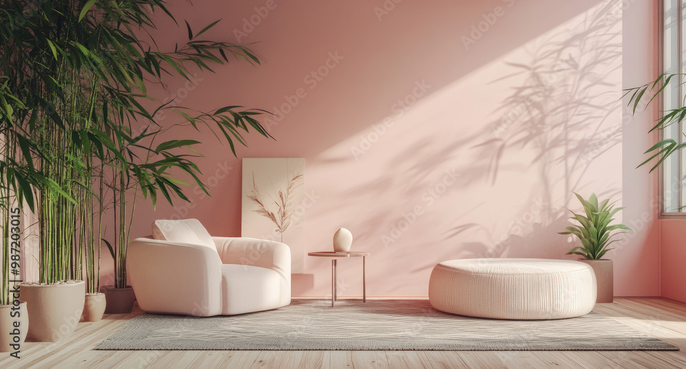 A peach and pink living room with bamboo plants, minimalism, with round shape elements, a modern sofa and rug in the center of the space, pink walls, warm lighting, geometric shapes A peach and pink living room with bamboo plants, minimalism, with round shape elements, a modern sofa and rug in the center of the space, pink walls, warm lighting, geometric shapes