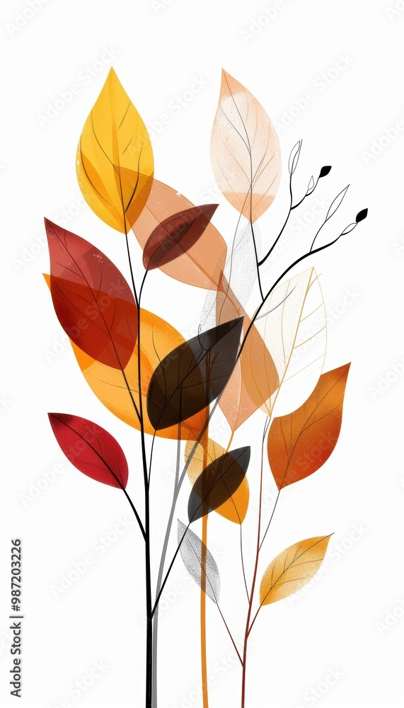 Fototapeta premium Modern Minimalist Autumn Abstract with Bold Orange, Yellow, and Red Leaf Silhouettes