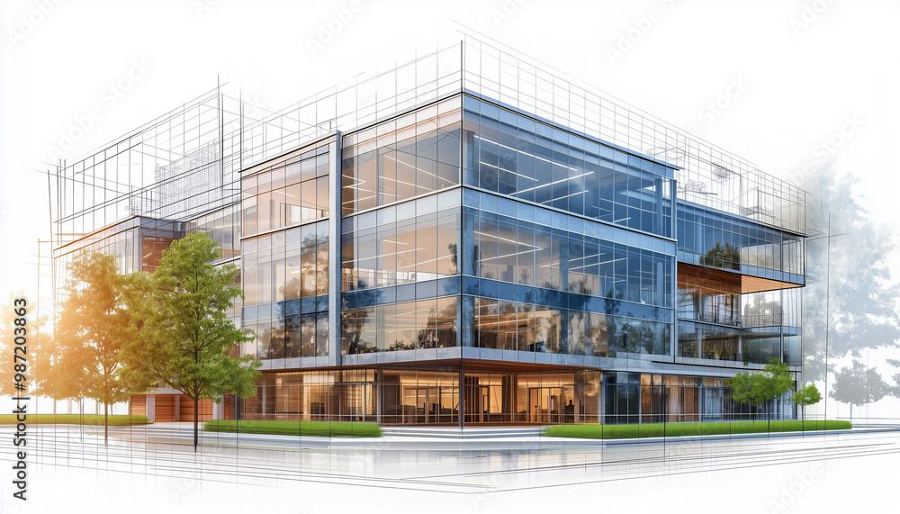 Modern architectural building design with glass windows, surrounded by trees, combining a realistic rendering with conceptual blueprint elements, ideal for showcasing innovative architecture and urban Modern architectural building design with glass windows, surrounded by trees, combining a realistic rendering with conceptual blueprint elements, ideal for showcasing innovative architecture and urban