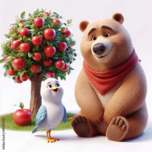 Bear and Bird with Apples in Orchard