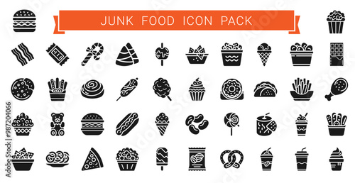 Junk food unhealthy food high calories themed icon collection, fat sugar salt low nutrients, obesity lifestyle