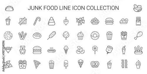 Junk food line icon collection, unhealthy eating habits, hotdog hamburger cream