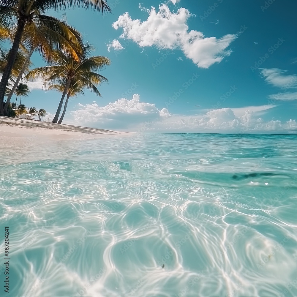 Half underwater slow motion of clear turquoise sea water. Idyllic vacations in the resort at the tropical white sand beach with palm trees on the Caribbean. Half underwater slow motion of clear turquoise sea water. Idyllic vacations in the resort at the tropical white sand beach with palm trees on the Caribbean.
