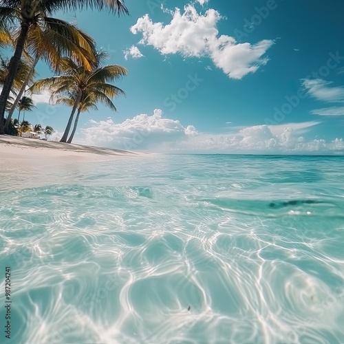 Half underwater slow motion of clear turquoise sea water. Idyllic vacations in the resort at the tropical white sand beach with palm trees on the Caribbean. 