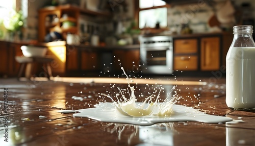 Messy kitchen mishap: spilled milk creates a scene of clumsiness and domestic chaos photo