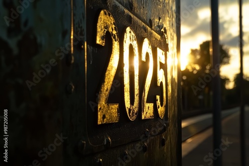 The train numbered 2025 is illuminated by the sunset, highlighting its aged exterior while resting on the tracks during twilight