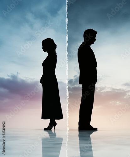 A couple silhouette background looking in different direction , in marriage clash and about to get divorce or to separate.