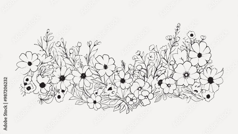 Fototapeta premium Flower border sketch pattern drawing.