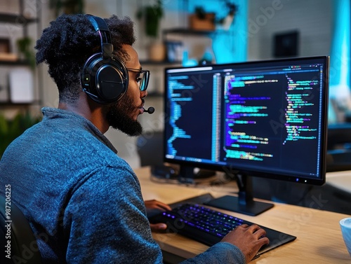 A man programmer looks at a computer screen. Programming, digital design, new work.