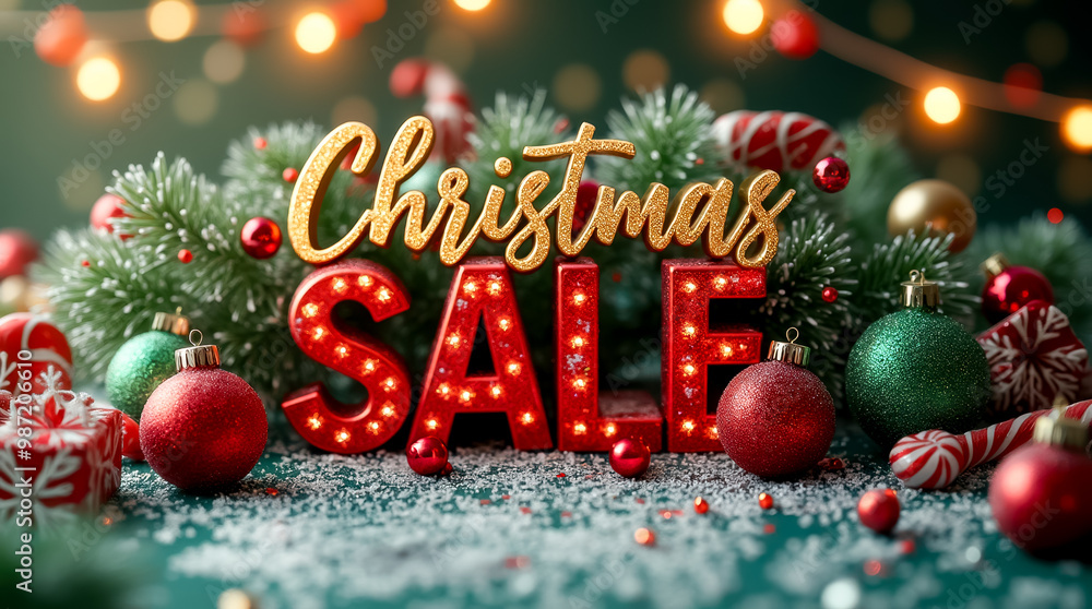 This captivating display showcases a Christmas sale, featuring glowing letters amidst colorful ornaments, holiday decor, and twinkling lights that evoke festive cheer This captivating display showcases a Christmas sale, featuring glowing letters amidst colorful ornaments, holiday decor, and twinkling lights that evoke festive cheer