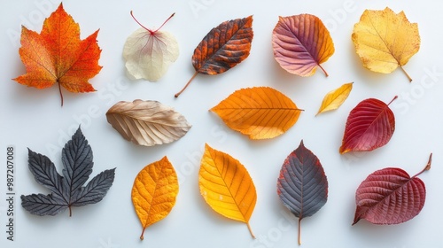 various autumn leaves scattered on a white background, representing seasonal decor and a fall design element