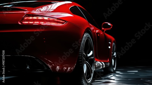 Luxury expensive red car parked on black background. Sport and modern luxury design car. Shiny clean lines and detailed side view of modern automotive. Automotive advertising banner.