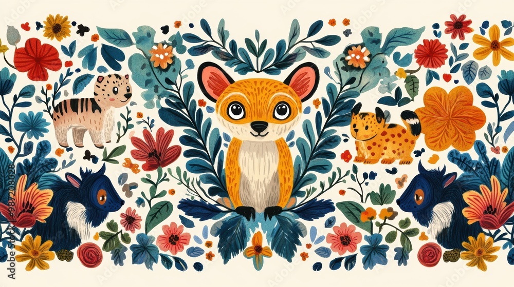 animal pattern art, whimsical animal illustrations arranged in a charming pattern on a banner, bringing a creative flair to any design project animal pattern art, whimsical animal illustrations arranged in a charming pattern on a banner, bringing a creative flair to any design project
