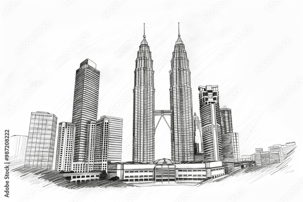 Naklejka premium Hand-drawn sketch of the iconic Petronas Towers in Kuala Lumpur, featuring detailed architectural elements of the twin skyscrapers and surrounding modern buildings in the cityscape