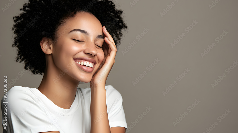 A joyful woman with a bright smile, holding her face with her hands, posed against a blurred background A joyful woman with a bright smile, holding her face with her hands, posed against a blurred background