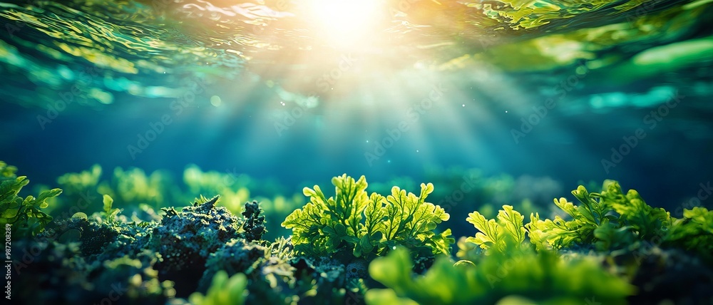 Beneath the clear ocean surface, vibrant green seaweed sways gently, illuminated by soft rays of sunlight filtering through water. Beneath the clear ocean surface, vibrant green seaweed sways gently, illuminated by soft rays of sunlight filtering through water.