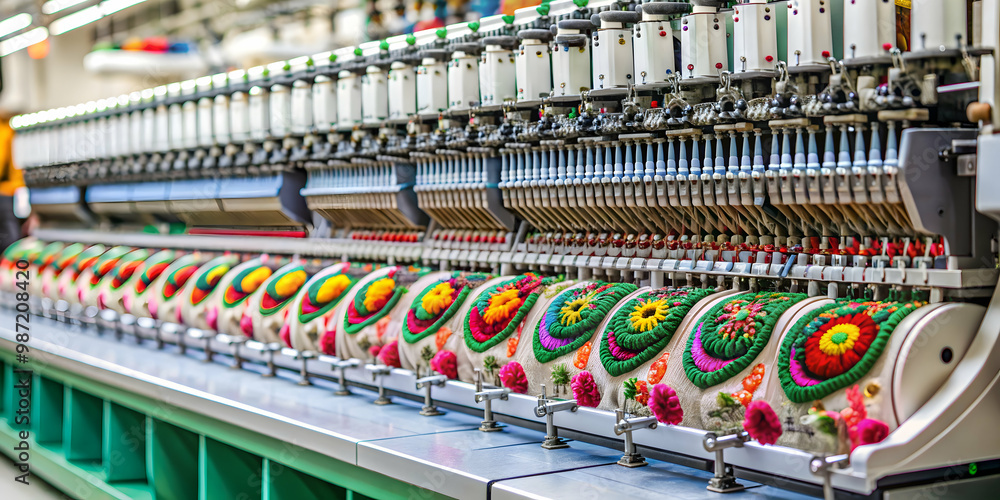 Fabric being embroidered with precision in a printing factory, threaded, machine, embroidery, fabric, printing Fabric being embroidered with precision in a printing factory, threaded, machine, embroidery, fabric, printing