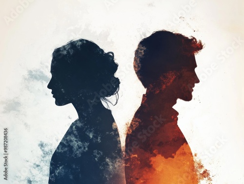 A couple silhouette background looking in different direction , in marriage clash and about to get divorce or to separate.