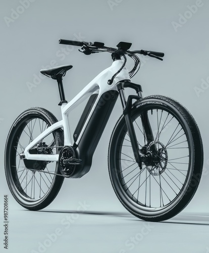 Futuristic electric bike showcased in dramatic lighting, emphasising its sleek design and modern technology.