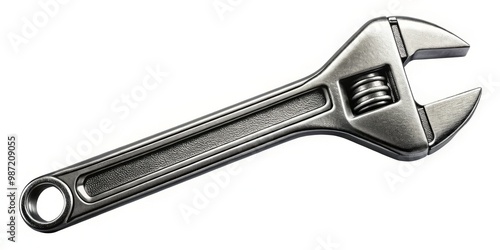 A bold metallic adjustable wrench with a minimalist design cuts through the noise on a clean white background,