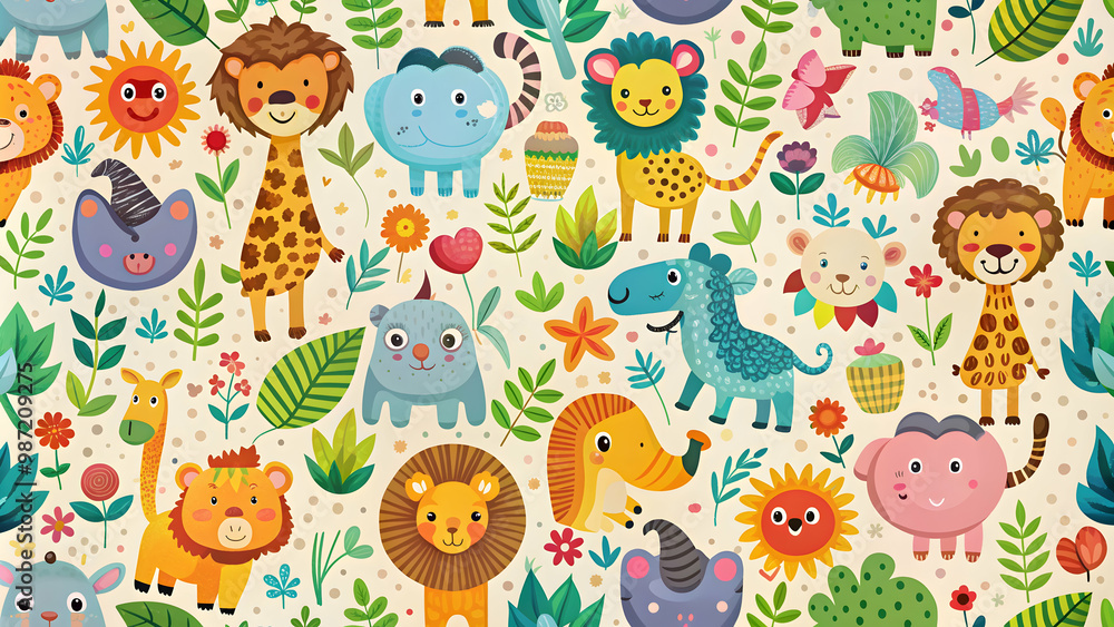 Naklejka premium Seamless pattern featuring various animals in a playful and colorful design, wildlife, jungle, safari, cute, fun, repeating