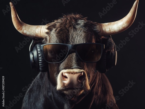 A bull in headphones and sunglasses listening to music on a black background.