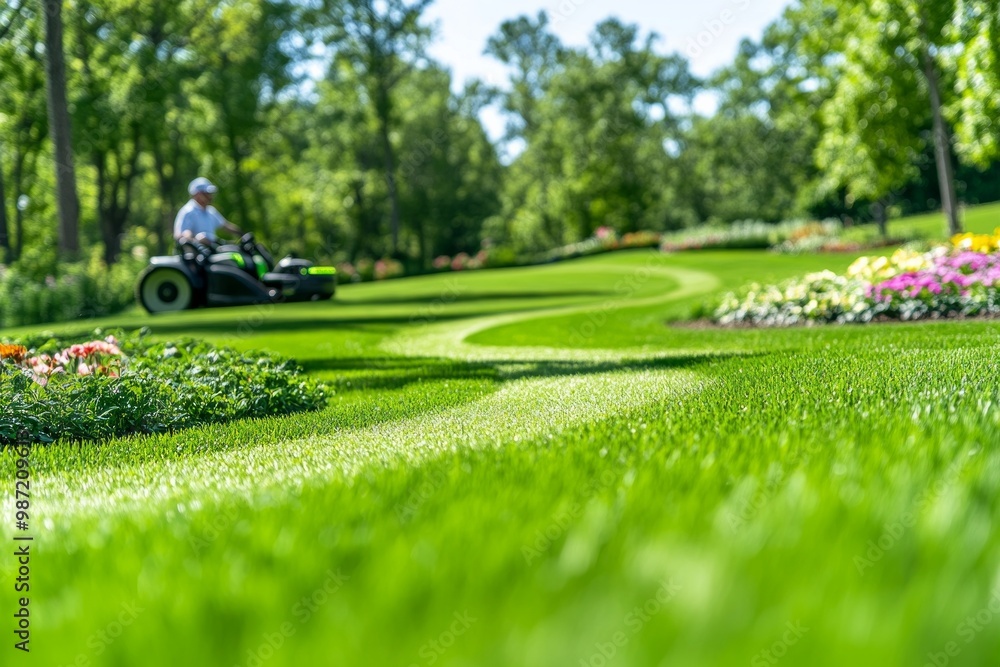 A landscaper rides a lawn mower, neatly trimming a large, lush green lawn surrounded by vibrant flowerbeds A landscaper rides a lawn mower, neatly trimming a large, lush green lawn surrounded by vibrant flowerbeds
