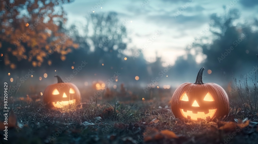Fototapeta premium Jack-o-lanterns carved with ghostly faces glowing brightly in a foggy field