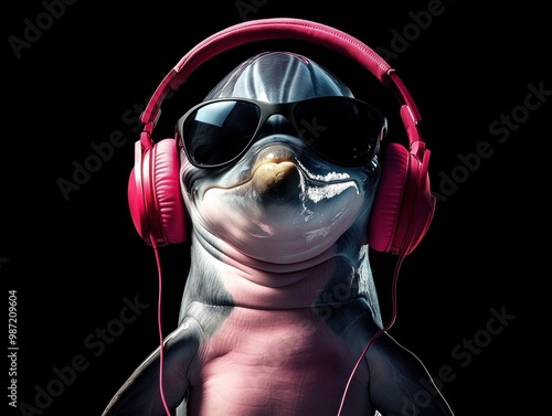 A dolphin in headphones and sunglasses listening to music on a black background.