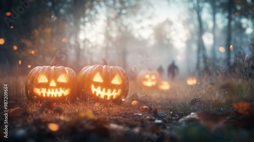 Jack-o-lanterns carved with ghostly faces glowing brightly in a foggy field photo