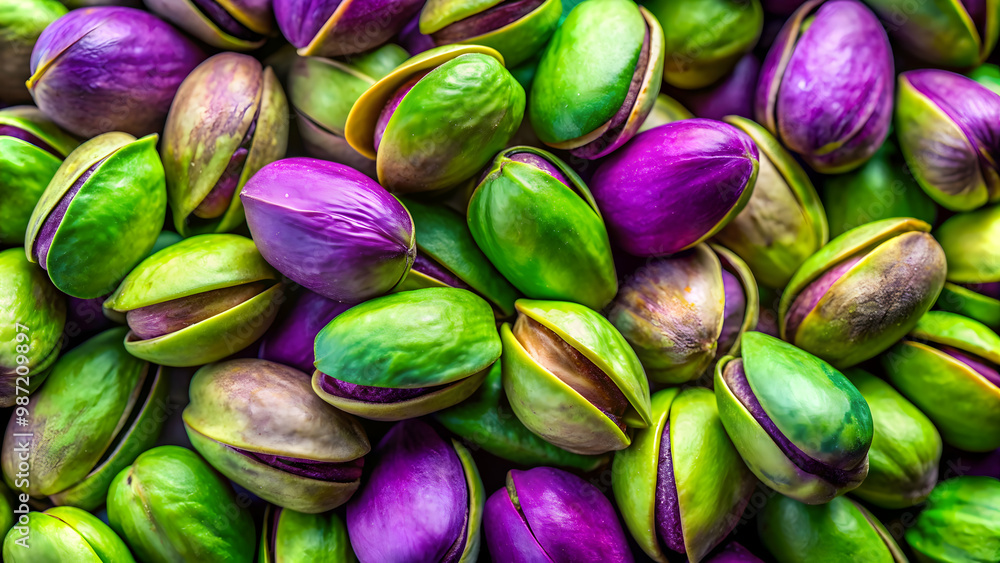 Close-up of fresh pistachio nuts with vibrant green and purple hues , food, snack, pistachios, healthy, nuts, shell, open Close-up of fresh pistachio nuts with vibrant green and purple hues , food, snack, pistachios, healthy, nuts, shell, open