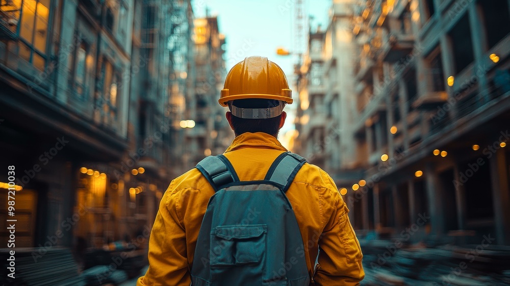 A construction worker wearing a yellow hard hat and backpack stands amidst high-rise buildings under construction, ideal for articles or presentations on urban development, construction safety A construction worker wearing a yellow hard hat and backpack stands amidst high-rise buildings under construction, ideal for articles or presentations on urban development, construction safety