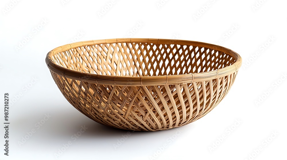 An empty woven bamboo basket, perfect for rustic home decor or kitchen storage, made from natural materials. An empty woven bamboo basket, perfect for rustic home decor or kitchen storage, made from natural materials.