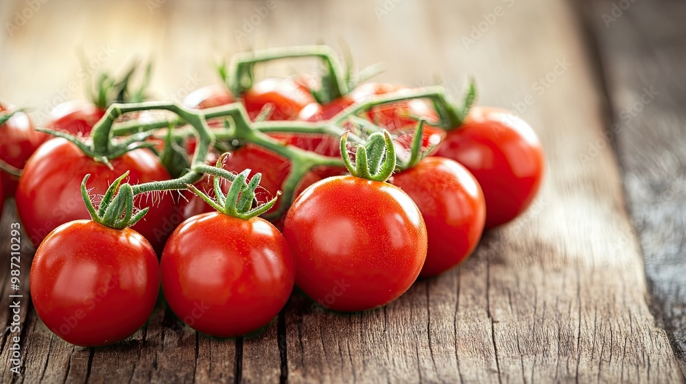 A bunch of cherry tomatoes still on the vine, placed on a rustic wooden table, their bright red skin glowing under natural light A bunch of cherry tomatoes still on the vine, placed on a rustic wooden table, their bright red skin glowing under natural light