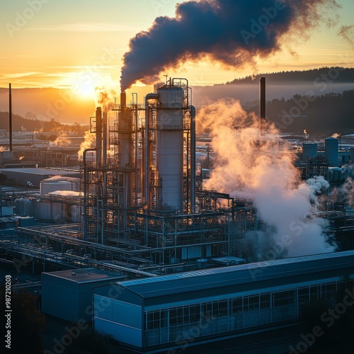 An industrial facility with smoking chimneys at sunrise, highlighting energy production and environmental impact, suitable for articles on industry, pollution, or sustainability, photo