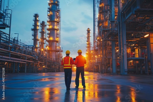 Two engineers in safety gear survey an illuminated industrial refinery during dusk ideal for themes of industry, technology, teamwork, and infrastructure development,