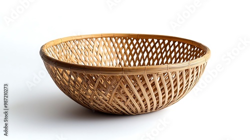 An empty woven bamboo basket, perfect for rustic home decor or kitchen storage, made from natural materials.