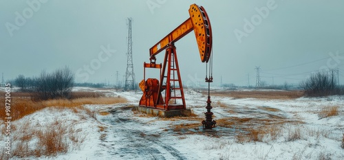 An oil pumpjack is set against a snowy landscape with tall grass, This image evokes themes of energy production and natural resource extraction, suitable for content related to the oil industry photo