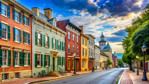 Fototapeta Naklejka Na Ścianę i Meble -  Colonial street in historic Martinsburg, WV with colorful buildings , architecture, colonial, historic, town