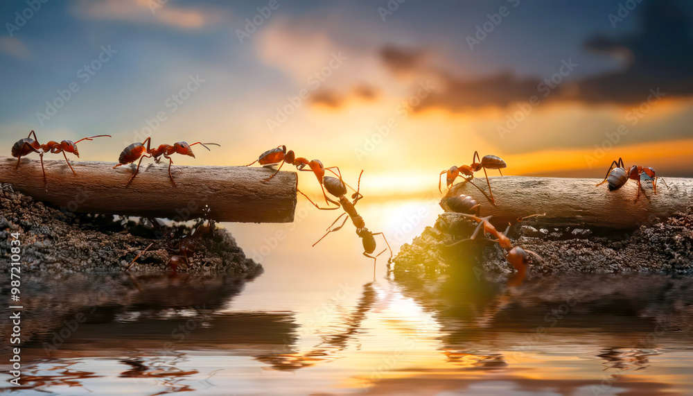 Naklejka premium Team of ants work constructing bridge, teamwork. Team of ants constructing bridge over water