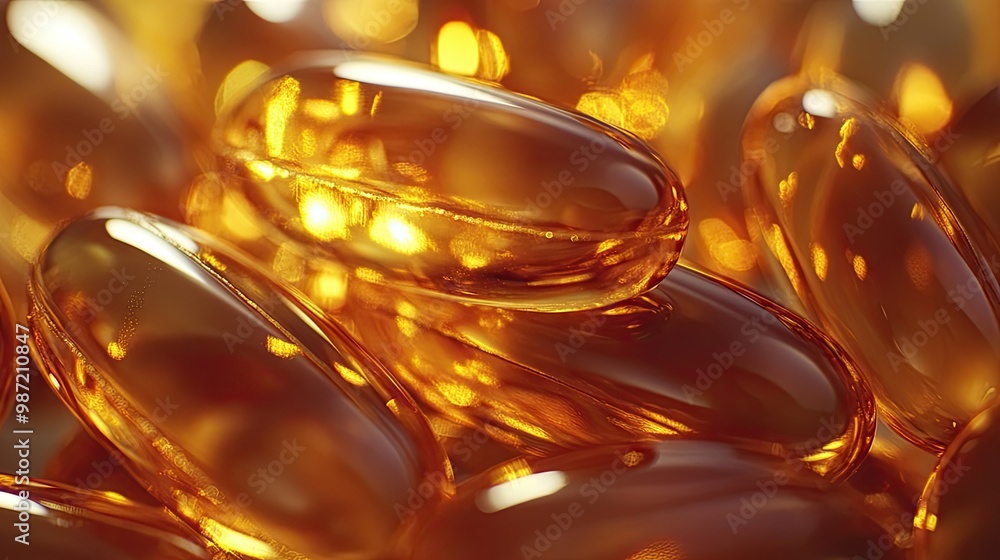 A close-up of a handful of shiny Omega 3 fish oil capsules, glowing in the light, highlighting their transparent golden color and smooth texture. A close-up of a handful of shiny Omega 3 fish oil capsules, glowing in the light, highlighting their transparent golden color and smooth texture.