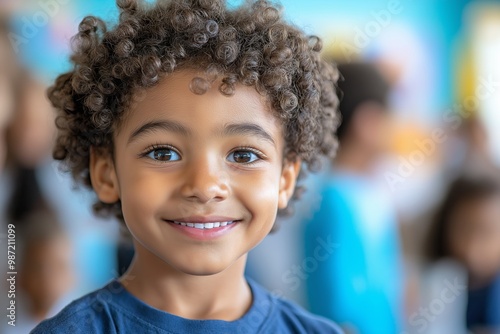 Young boy with brown hair, blue eyes is smiling. He is wearing a blue shirt. There are other children in the background. Afro-American boy exudes happiness as he engages in an art and creativity class